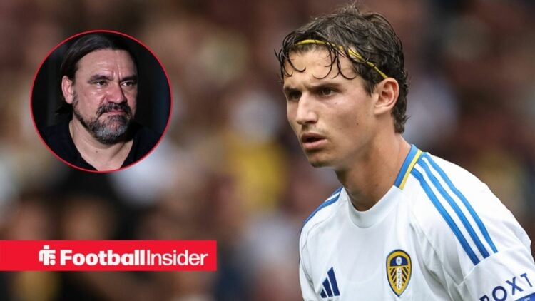 Leeds United's Brenden Aaronson alongside a circular inset of Daniel Farke