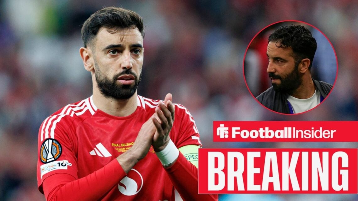 Bruno Fernandes applauding at Man United, with Ruben Amorim in a circular inset