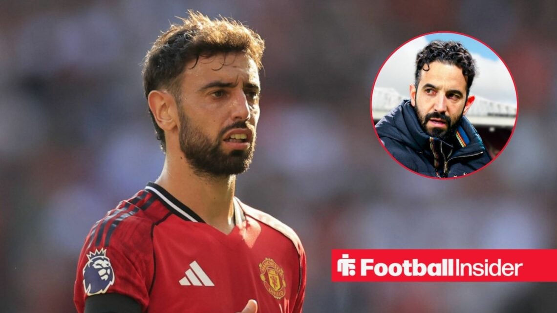 Bruno Fernandes in action for Man United, with Ruben Amorim in a circular inset