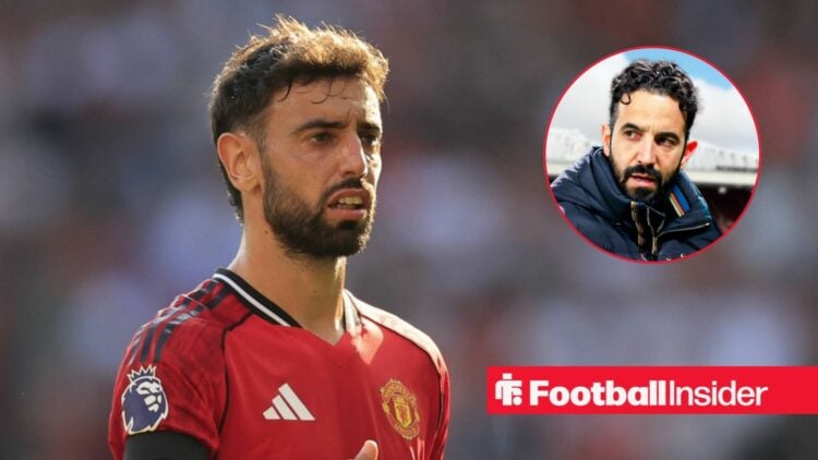 Bruno Fernandes in action for Man United, with Ruben Amorim in a circular inset