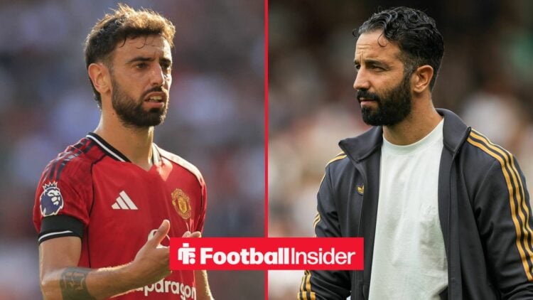 Bruno Fernandes in a Man United shirt alongside Ruben Amorim looking concerned
