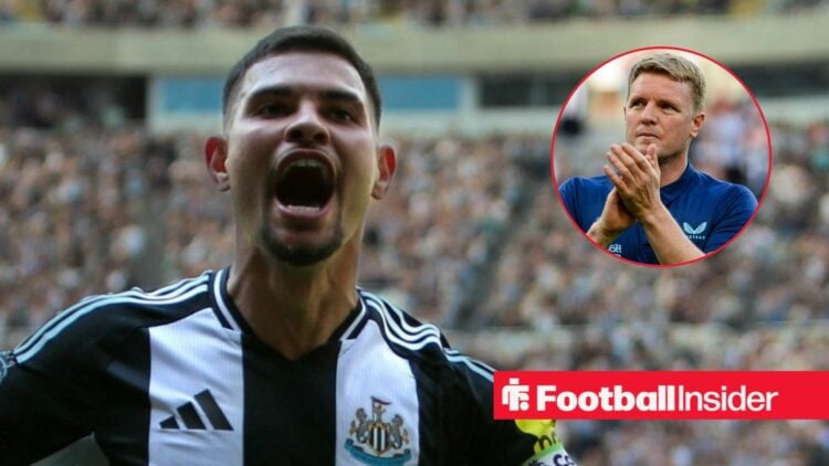 Bruno Guimaraes celebrating for Newcastle, with Eddie Howe in a circular inset