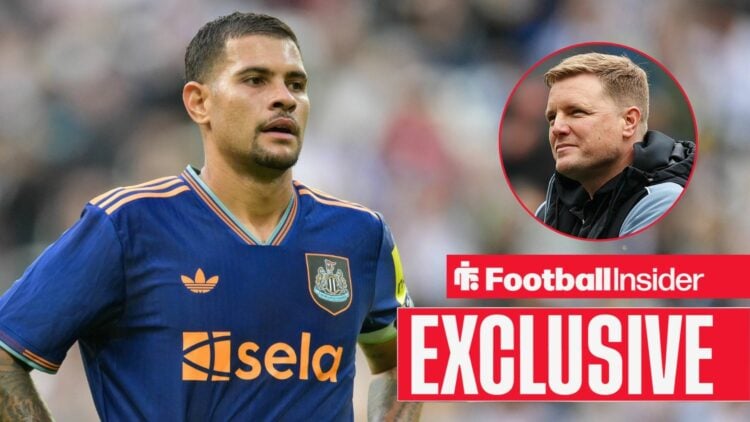 Bruno Guimaraes playing Newcastle United, Eddie Howe in a circular inset
