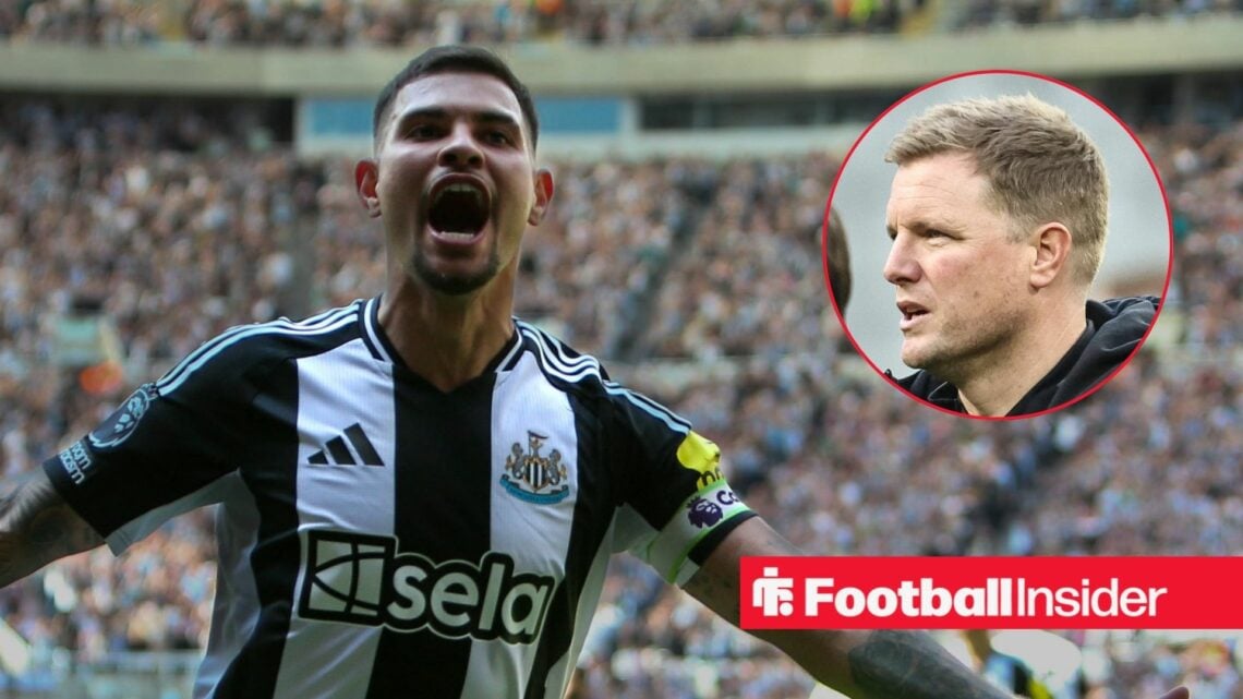 Bruno Guimaraes shouting on the left with Eddie Howe looking focused on the right