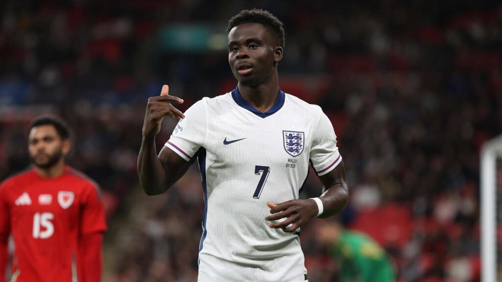 Bukayo Saka celebrating for England