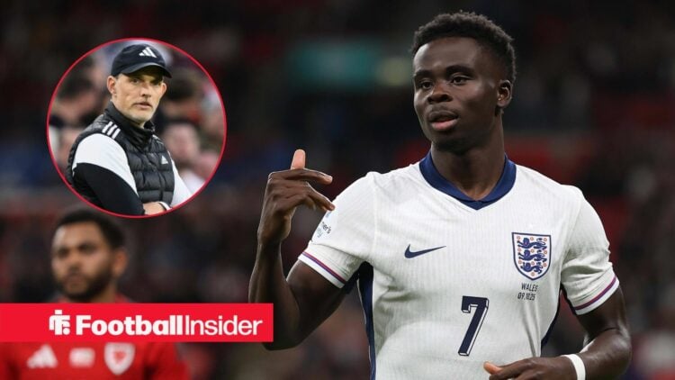 Bukayo Saka celebrating for England, Thomas Tuchel in a circular inset