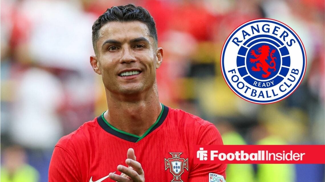 Cristiano Ronaldo clapping with Rangers badge inset