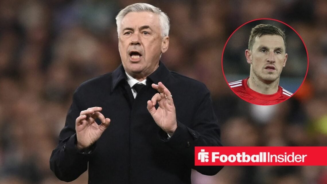 Carlo Ancelotti on the touchline alongside a circular inset of Chris Wood