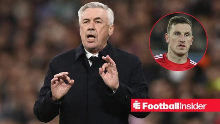 Carlo Ancelotti on the touchline alongside a circular inset of Chris Wood