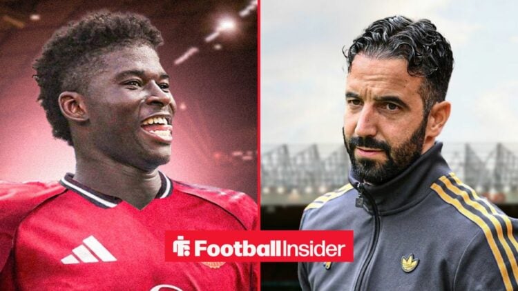 Carlos Baleba edited in a Man United kit, with Ruben Amorim at Old Trafford