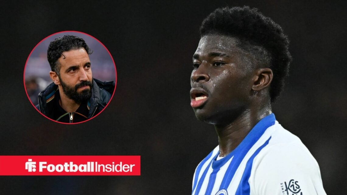 Brighton's Carlos Baleba in action with Man United manager Ruben Amorim left inset