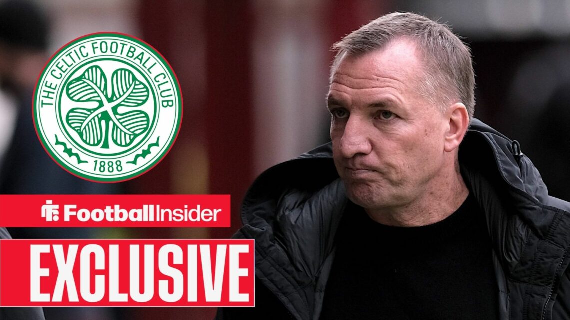 Celtic badge on the left with a stern Brendan Rodgers on the right