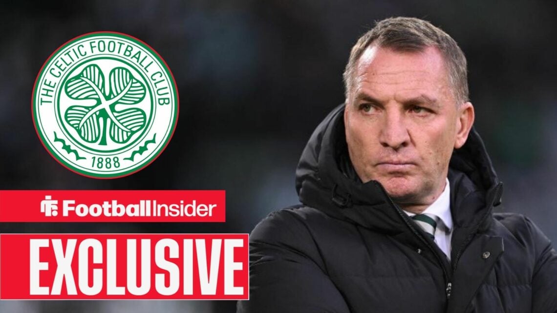 Celtic green badge on the left with a serious Brendan Rodgers on the right