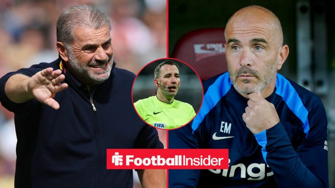 Ange Postecoglou and Enzo Maresca, with Chris Kavanagh in a circular inset
