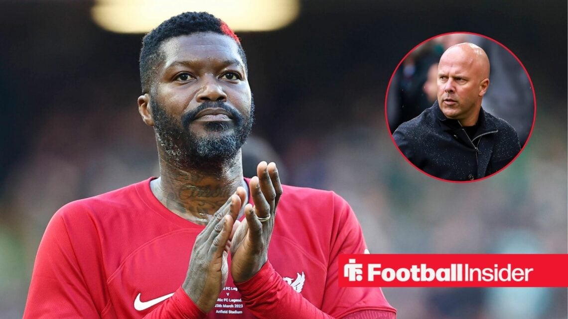 Djibril Cisse in a Liverpool shirt with Arne Slot inset