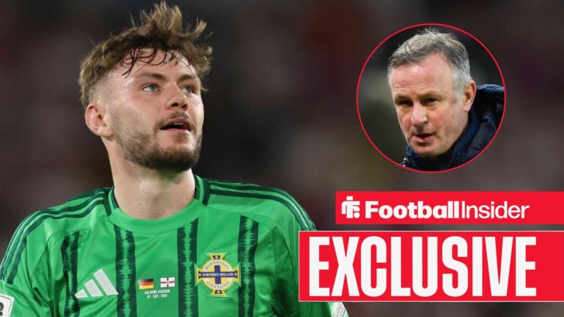 Conor Bradley in action for Northern Ireland with manager Michael O'Neill right inset