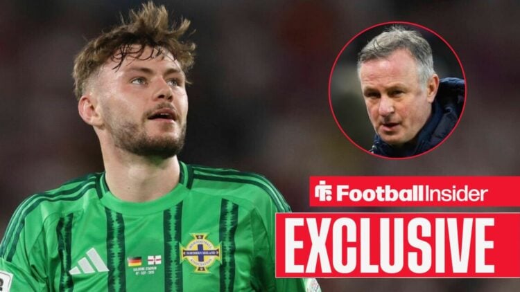 Conor Bradley in action for Northern Ireland with manager Michael O'Neill right inset