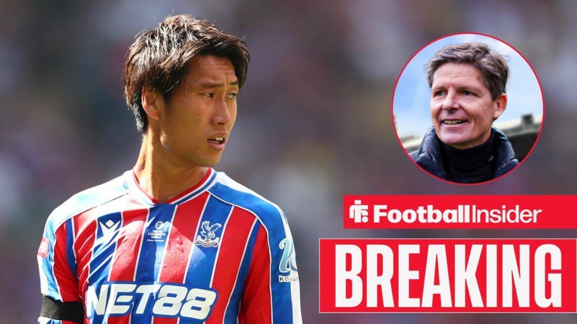 Daichi Kamada in action for Crystal Palace, with Oliver Glasner in a circular inset