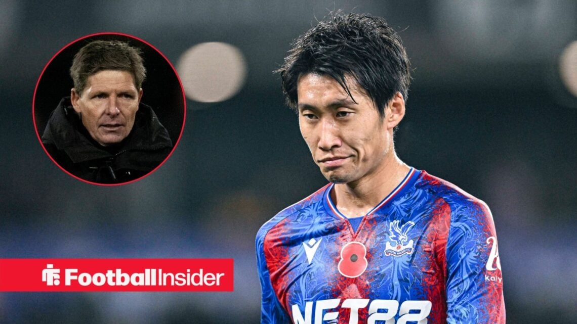 Daichi Kamada in action for Crystal Palace, with Oliver Glasner in a circular inset