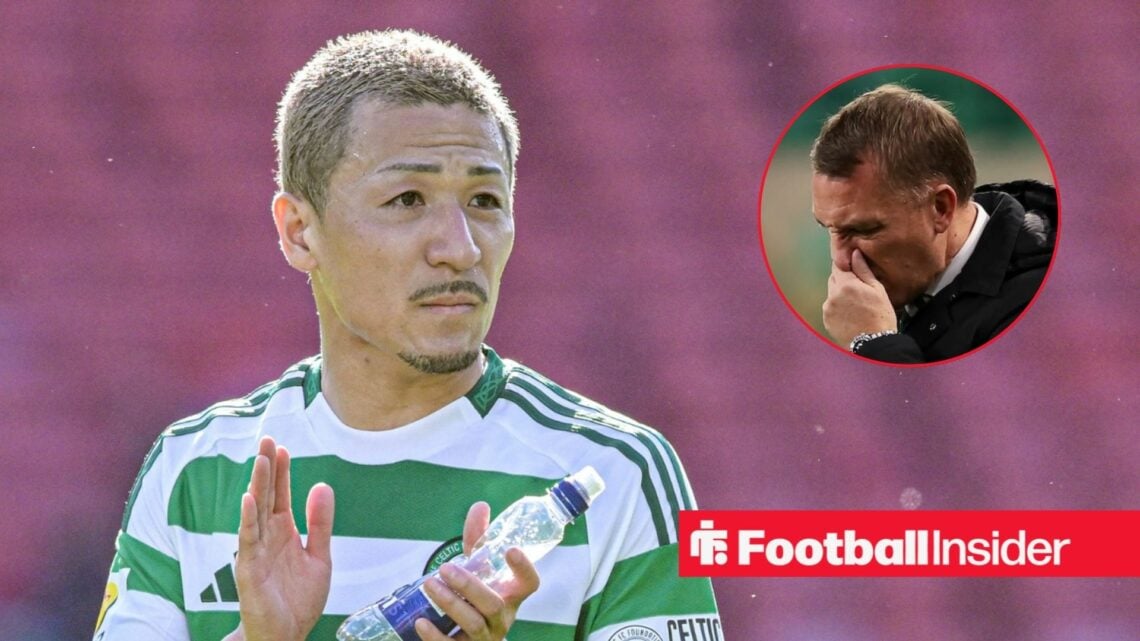 Daizen Maeda applauding the Celtic fans, with Brendan Rodgers in a circular inset