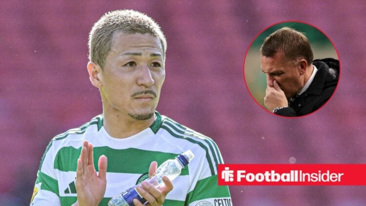 Daizen Maeda applauding the Celtic fans, with Brendan Rodgers in a circular inset