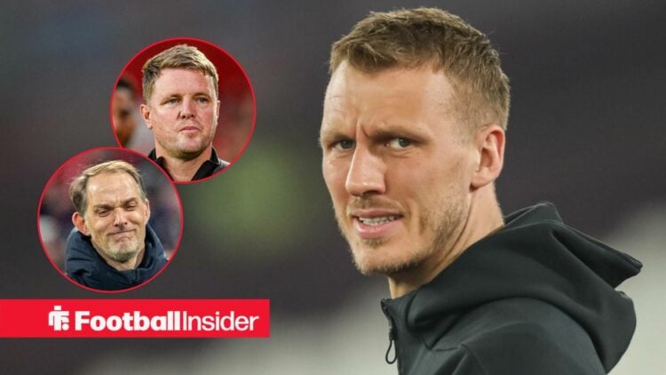 Newcastle's Dan Burn before a game with manager Eddie Howe and England manager Thomas Tuchel both left insets