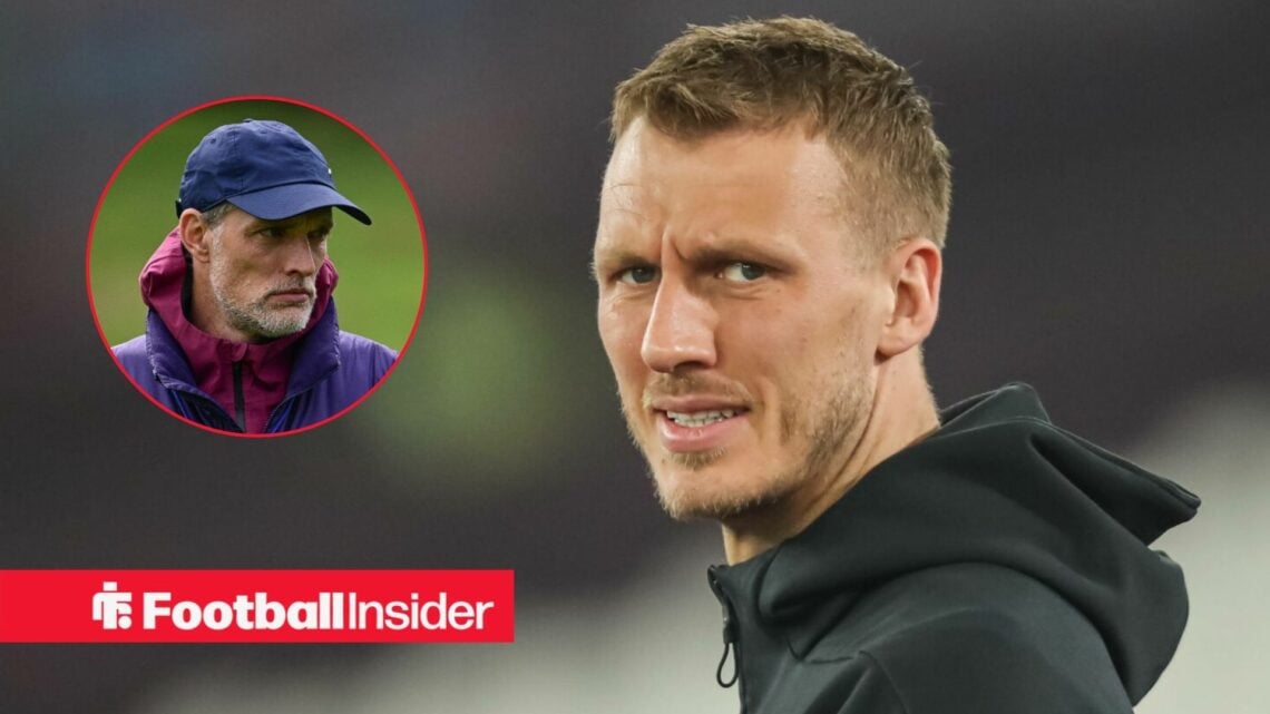Newcastle's Dan Burn looking at camera with England boss Thomas Tuchel looking at him left inset