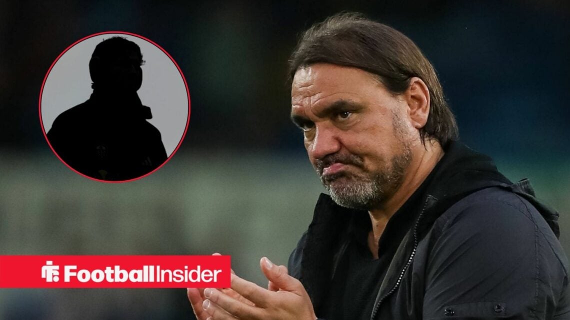 Daniel Farke clapping, Brenden Aaronson's silhouette in a circular inset