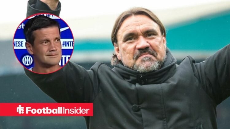 Daniel Farke celebrating at Elland Road, with Inter Milan's Cristian Chivu in a circular inset