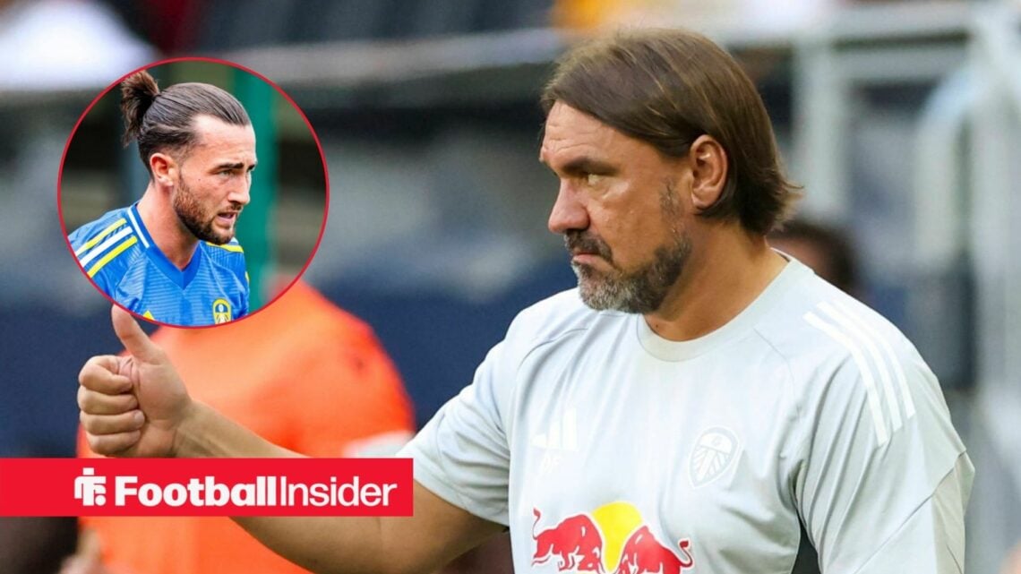 Daniel Farke with his thumb up on the sidelines, with Jack Harrison in a circular inset