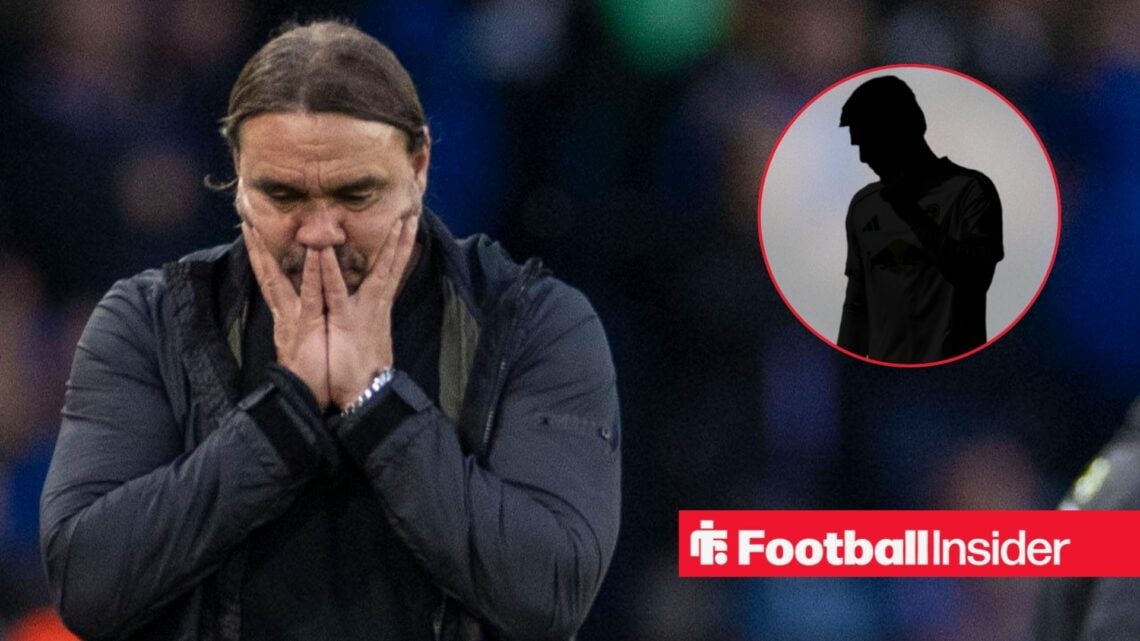 Daniel Farke with his head in his hands, Joel Piroe's silhouette in a circular inset