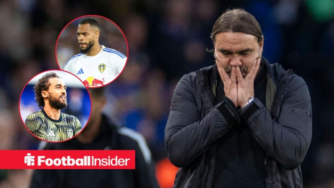 Daniel Farke with his head in his hands, Lukas Nmecha and Dominic Calvert-Lewin in circular insets