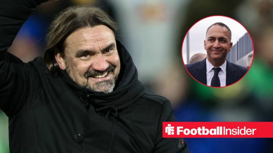 Daniel Farke on the touchline at Elland Road, with Paraag Marathe in a circular inset