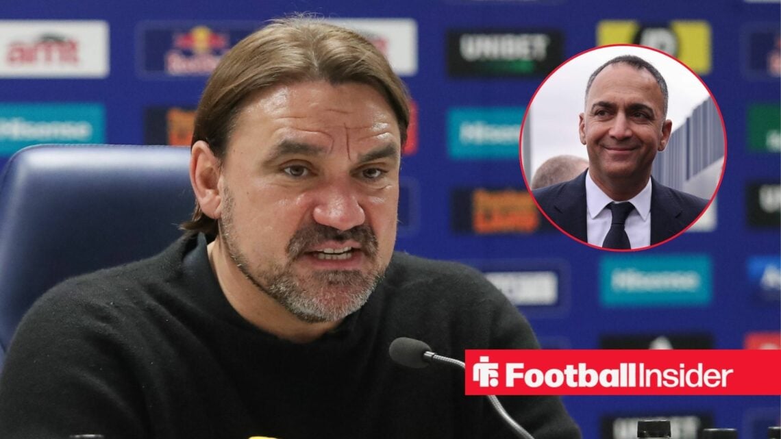 Daniel Farke in a press conference, with Paraag Marathe in a circular inset