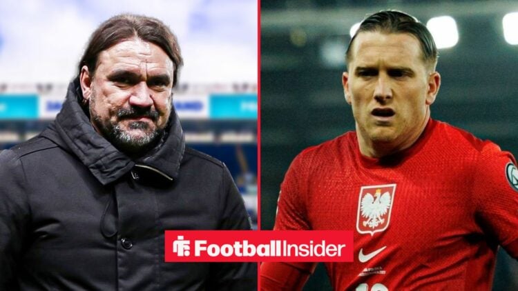 Daniel Farke on the touchline at Elland Road, with Piotr Zielinski in action for Poland