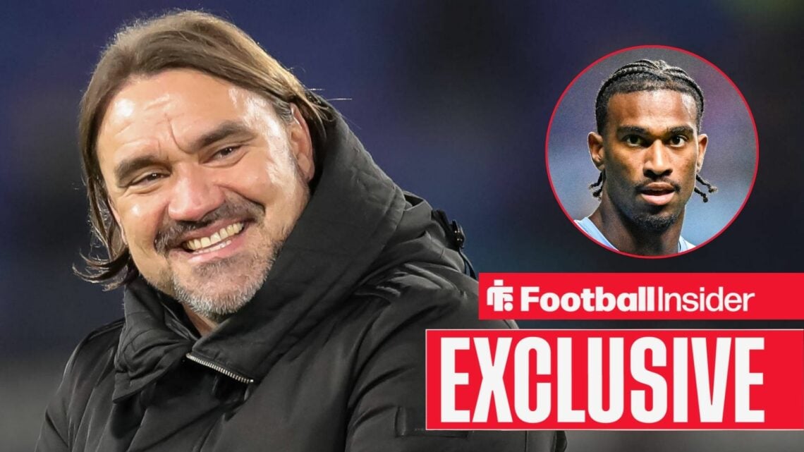 Leeds manager Daniel Farke smiling on the left with Coventry's Haji Wright focused on the right