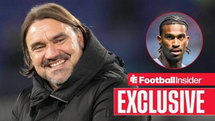 Leeds manager Daniel Farke smiling on the left with Coventry's Haji Wright focused on the right