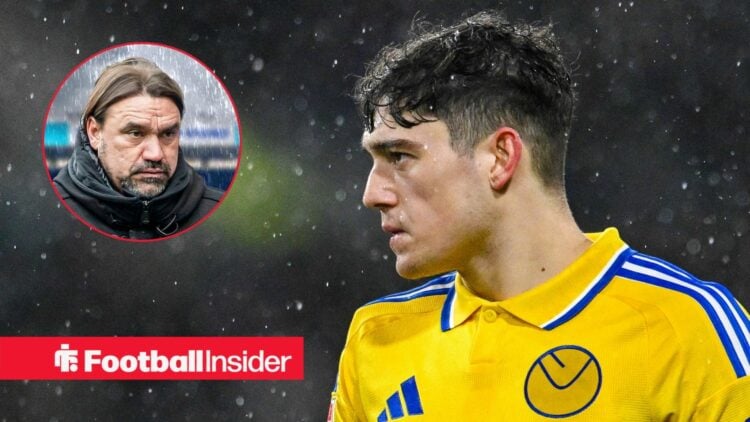 Leeds United winger Dan James, alongside a circular inset of manager Daniel Farke