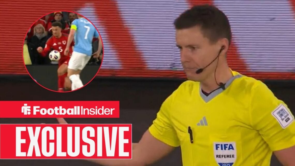 Referee Daniel Siebert in action with Wales' Ethan Ampadu handballing it