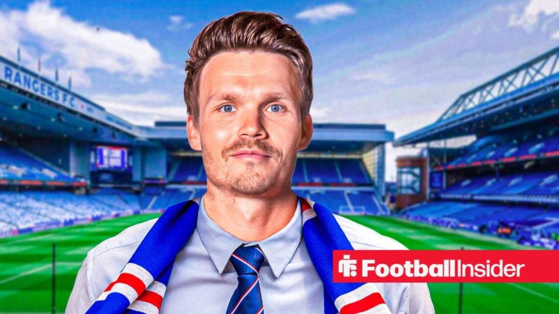 Danny Rohl against a backdrop of Ibrox.