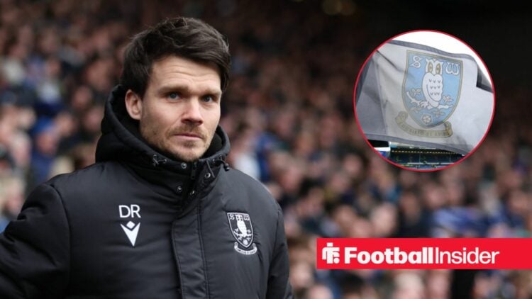 Danny Rohl on the sidelines at Hillsbrough, with a Sheffield Wednesday flag in a circular inset