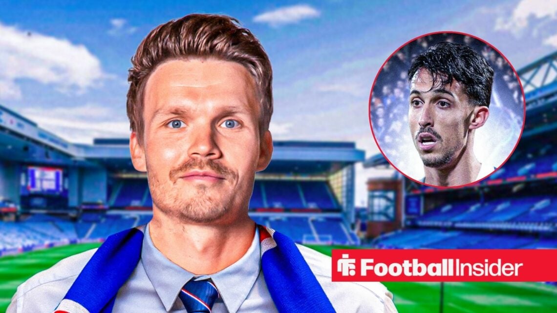 Danny Rohl smiling wearing a Rangers scarf with a focused Bojan Miovski on the right