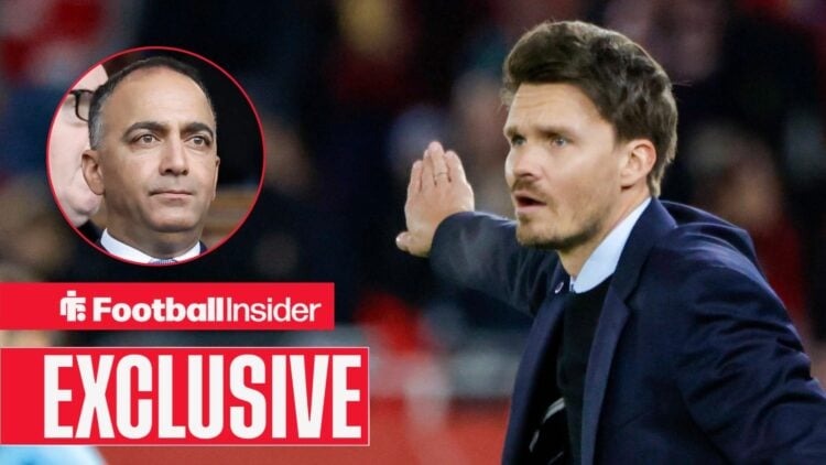 Paraag Marathe looking stern on the left with a worried Danny Rohl flailing his arm on the right for Rangers