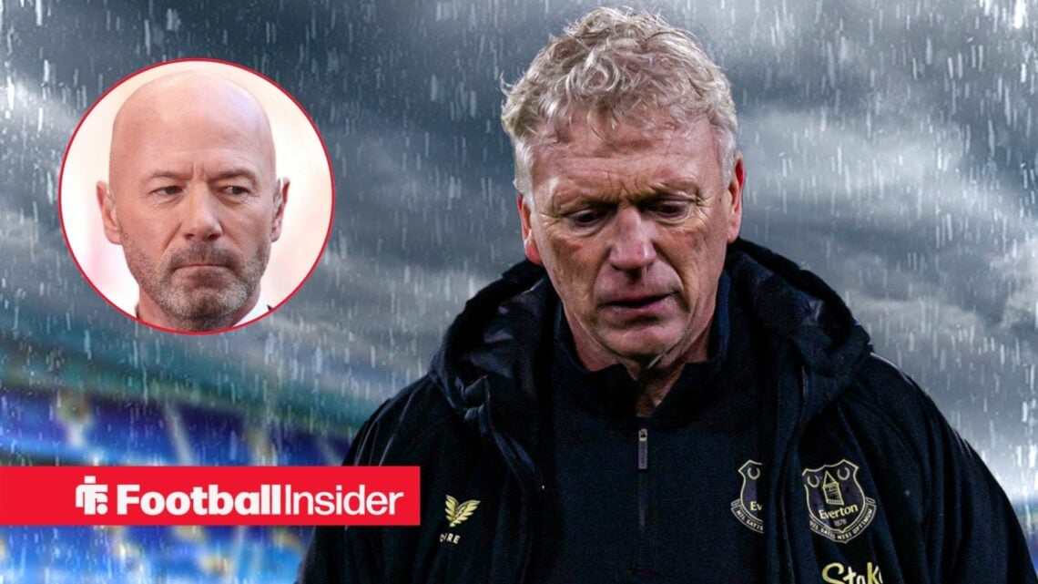 Everton manager David Moyes against a rainy backdrop of the Hill Dickinson Stadium, alongside a circular inset of Alan Shearer