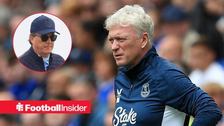 David Moyes on the sidelines at Everton, with Dan Friedkin in a circular inset