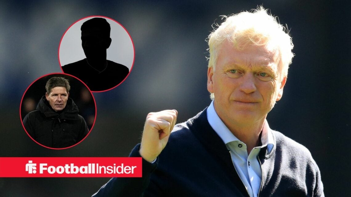 David Moyes pumping his fist, Oliver Glasner and Dwight McNeil's silhouette in circular insets