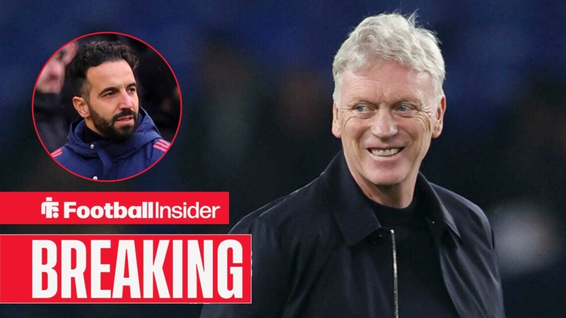 David Moyes smiling on the touchline for Everton, with Ruben Amorim in a circular inset