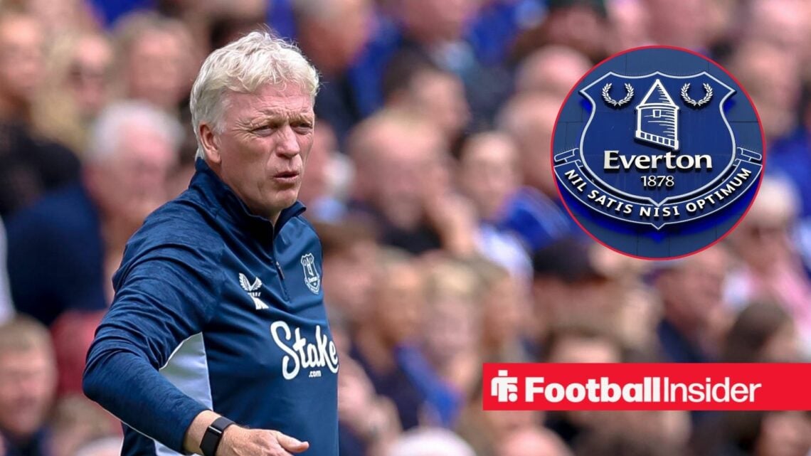 David Moyes shouting on the sideline and Everton badge in inset