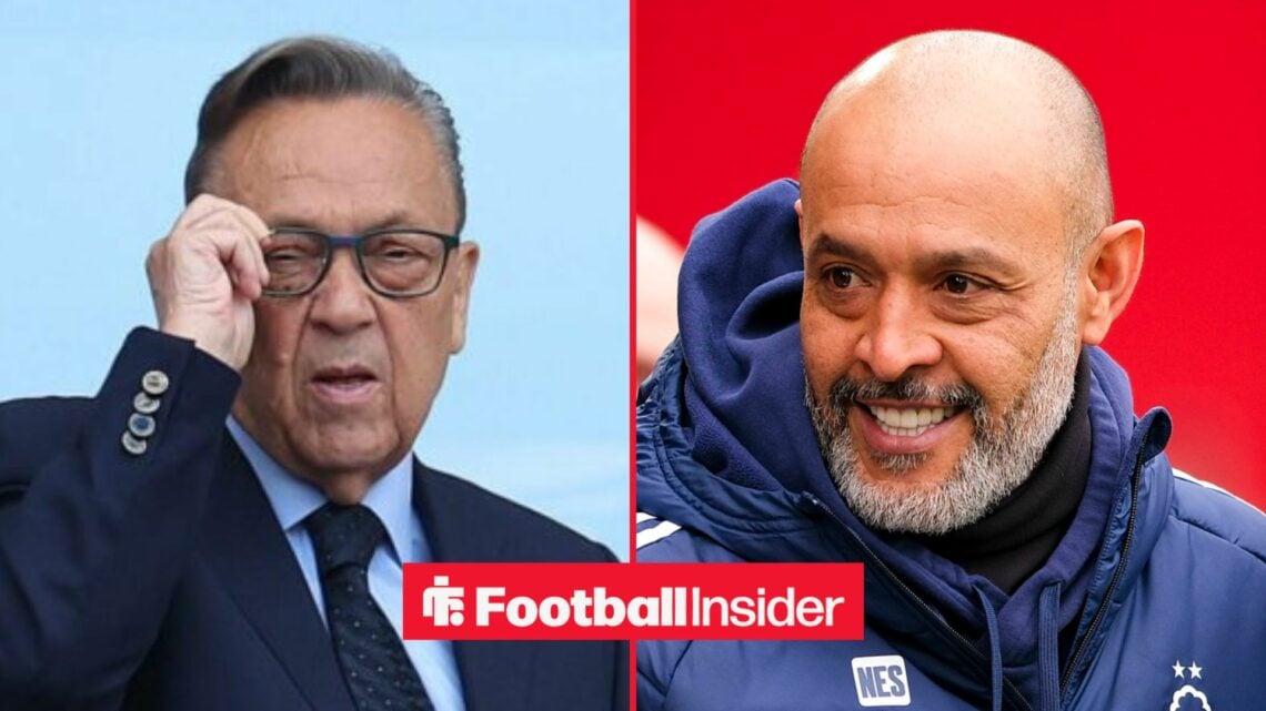 David Sullivan in the stands at the London Stadium, with Nuno Espirito Santo on the sidelines