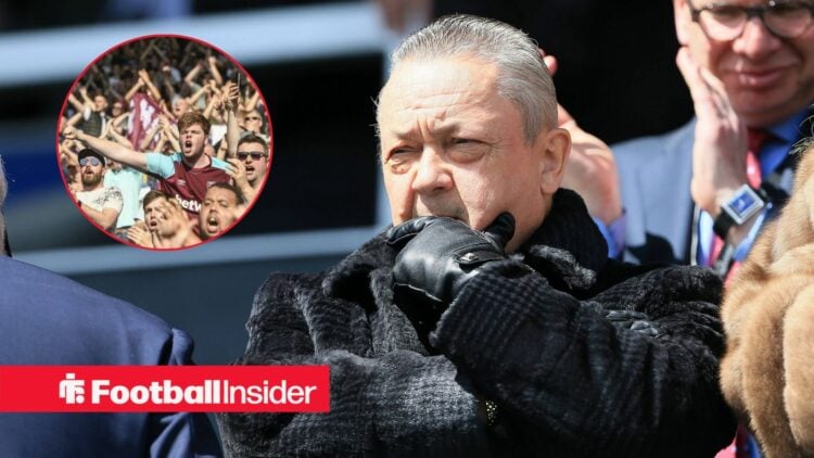 David Sullivan looking concerned with West Ham fans included in a circular inset